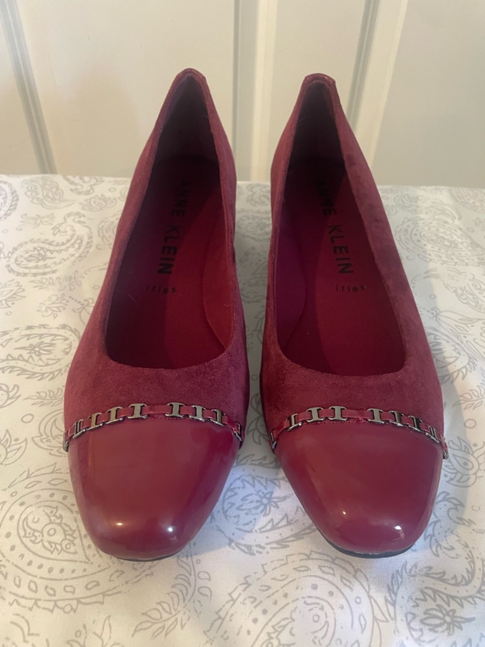 Anne Klein Wine Red Cap-Toe Flats with Chain Detail